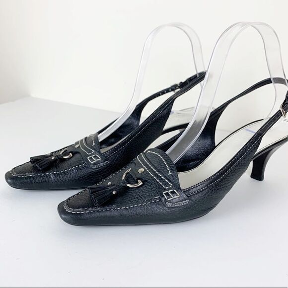 Cole Haan Black Pebbled Leather‎ Women’s Sling-Back Heels Non-slip Soles Narrow - Picture 1 of 8